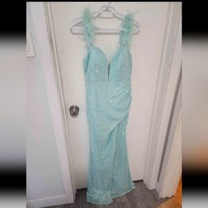 Sparkling Mint Green Gown with Feather Straps